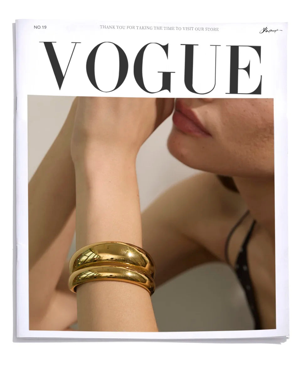 Yhpup 18K Golden PVD Plated Stainless Steel Double Layer Cuff Statement Bracelet Bangle Smooth Metal Texture Attractive Jewelry