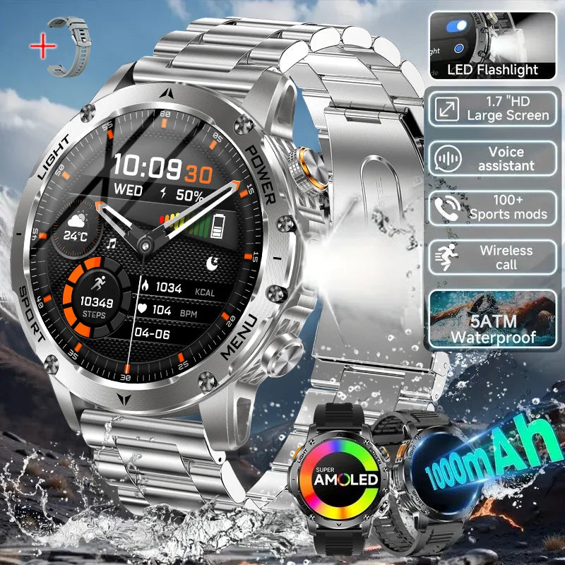 2025 New GPS Outdoor Sports Smart Watch Men AMOLED Screen NFC Flashlight Heart rate Waterproof Bluetooth Call 1000mAh SmartWatch