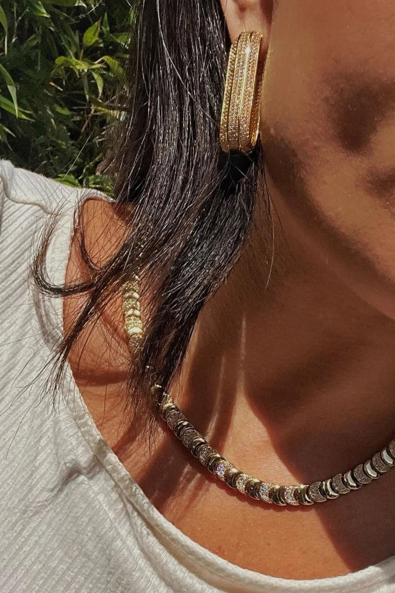 Gold Color Fashion Women Jewelry Set Geometric Shiny Plain Paved 5A CZ Moon Shaped Chain Choker Necklace Bracelet