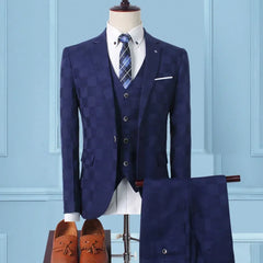 Plaid Suit Men Blazer Vest Pants Business British Style Wedding Dress Banquet