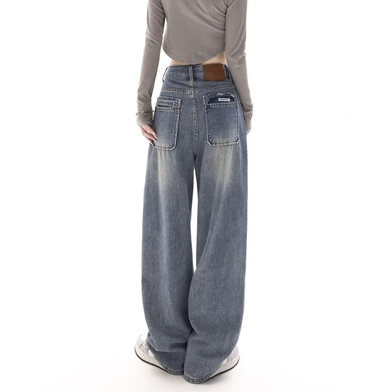 Retro Wide Leg High Waist Straight Streetwear Style Blue Jeans Pants