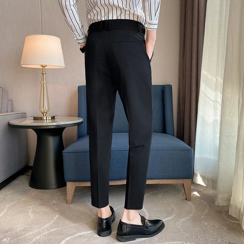 Fashion Mens Suit Pants High-waist Solid Color Business Slim Fit Formal Wedding Social Dress