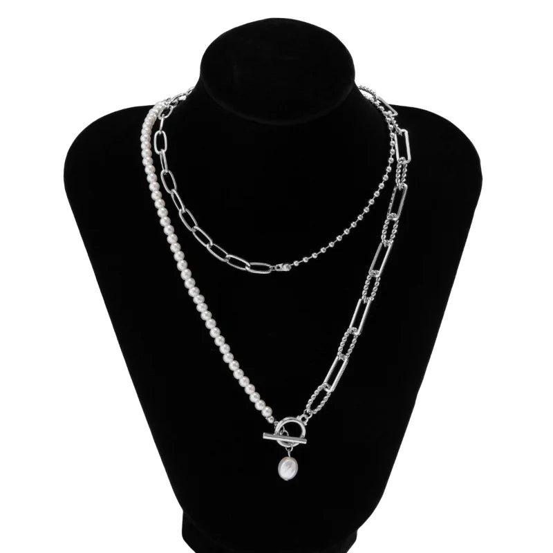 Vintage Layered Baroque Pearl OT Clasp Necklace Set Stacking Beaded Ball Paperclip