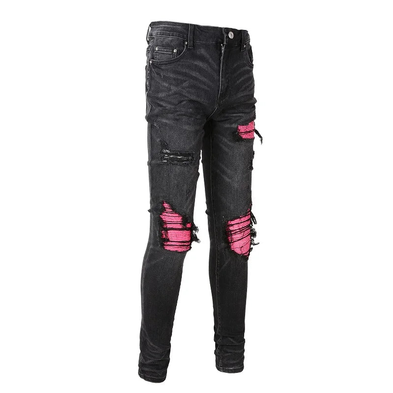 Men Cracked Leather Patch Biker Jeans Streetwear Pleated Patchwork Holes Ripped