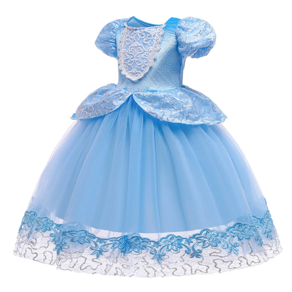 Girls Blue Cinderella Dress Summer Puff Sleeve Embroidery Flower Dresses for Girls Princess Dress Up Birthday Party Fairy Frocks