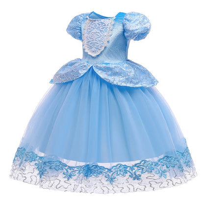 Girls Blue Cinderella Dress Summer Puff Sleeve Embroidery Flower Dresses for Girls Princess Dress Up Birthday Party Fairy Frocks