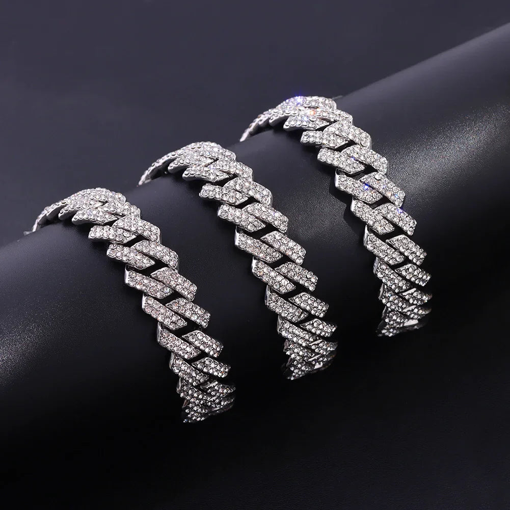 HipHop Men Women 14MM Prong Cuban Link Chain Necklace Bling Iced Out 2 Row Rhinestone Paved Miami Rhombus Cuban Necklace Jewelry