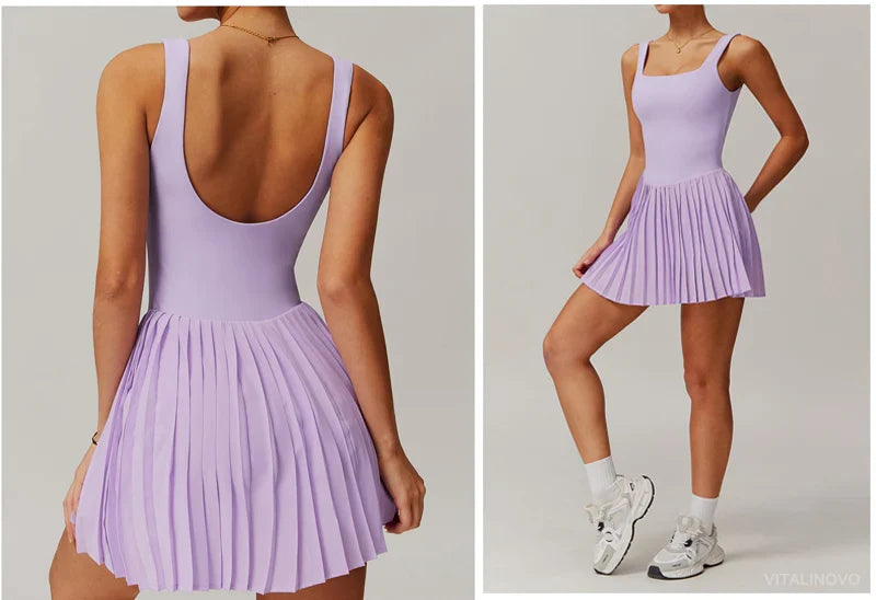 VITALINOVO Workout Tennis Dress with Built in Shorts Square Neck Padded Workout Dress with Pockets Golf Athletic Mini Dresses