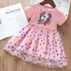 Girls Dress Cotton Cartoon Unicorn Splicing Mesh Party Princess Dresses