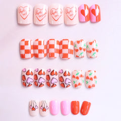 24pcs Short Square Baby Pink Striped Dots Heart Pattern Full Cover Fake Nail