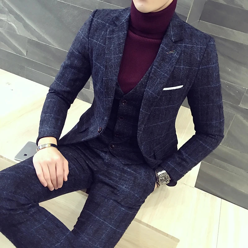 Tuxedo for Mens: Men's Slim Fit Plaid Three-Piece Suit Set - Cotton Blazer, Vest, and Pants