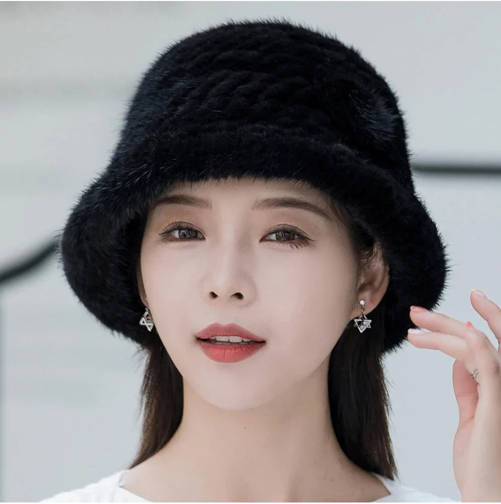 Woman Hat Winter Solid Mink Caps With Flower Natural Mink Fur Hats New Russian Girl Soft Knitting Real Fur Bucket Hats 2026 Warm