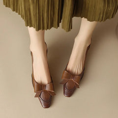 Women Pumps Split Leather High Heels Square Toe Thin Heel