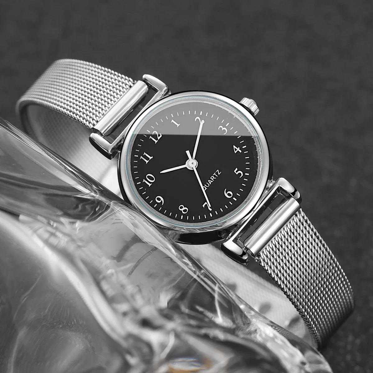 2PCS Fashion Women Quartz Watch Steel Mesh Band Watches Opening Cuff Bracelet Bangle Set（Without Box）