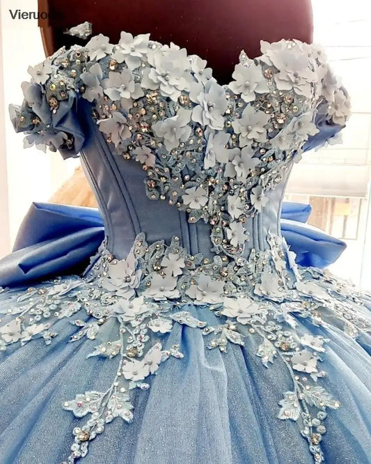 Evening wear Dresses: Blue Dresses Ball Gown Appliques Bow Knot Bodice Long