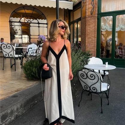 Summer 2024 Women Party long Dress Beach Slip Loose V-neck Sleveless Maxi Dresses Female Holiday Casual Patchwork Lady Robe