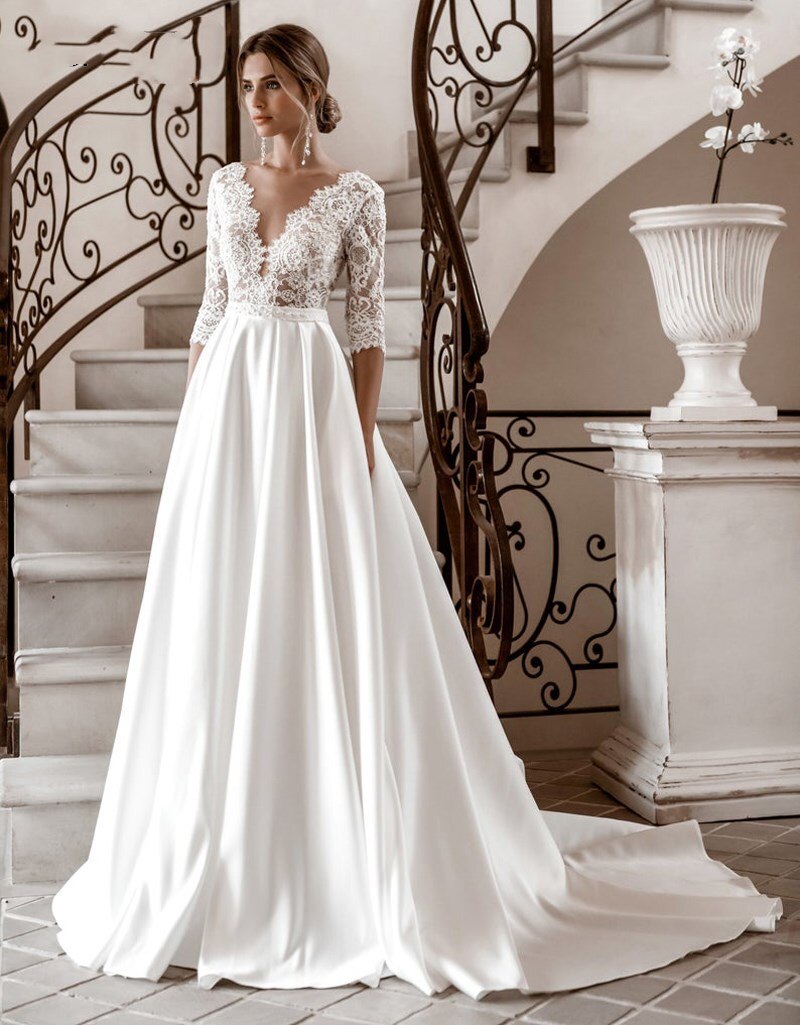 White Bridesmaid Dresses: Wedding Dresses V-Neck Satin A-Line Bridal Gown