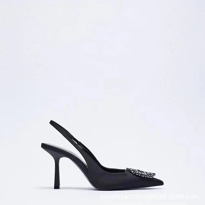 TRAF Black Women Pumps Shoes 2024 Fashion Rhinestone High Heels Female Sandals Stiletto Pointed Toe Weddings Bridal Shoes Lady