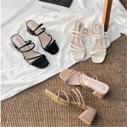 Women Sandals Ladies Square Heels Elegant Summer Slippers Outside Cross