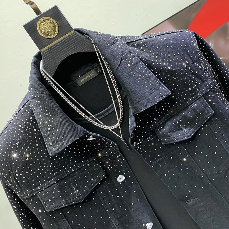 Fix Denim Jackets For Men Solid Long Sleeve Patchwork Loose Single Breasted