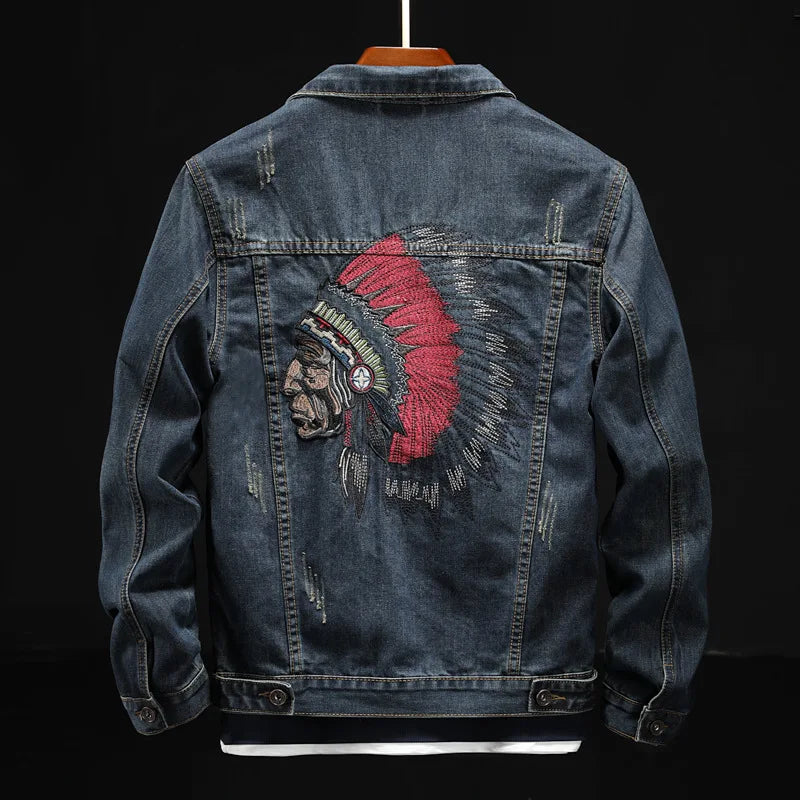 Fashion Streetwear Men Jacket Retro Blue Indian Chief Embroidery Denim Jackets