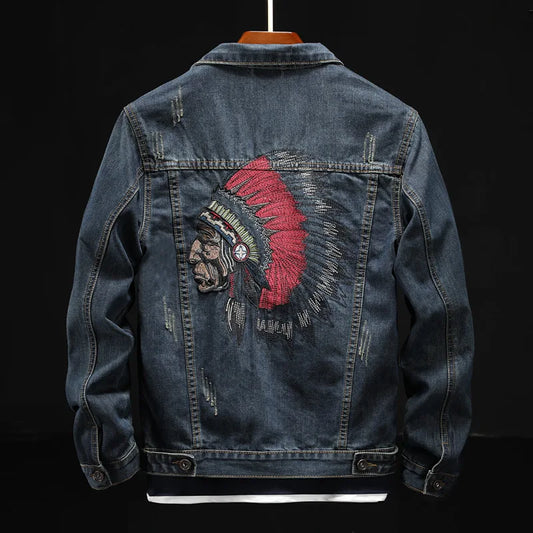 Fashion Streetwear Men Jacket Retro Blue Indian Chief Embroidery Denim Jackets