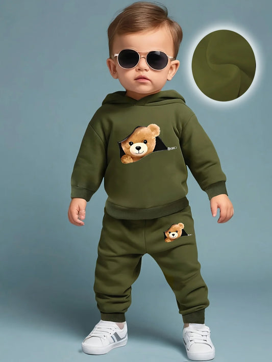 Newborn Baby Boy Fun Cartoon Bear Print Long Sleeve Fleece Sweatshirt with Casual Sports Pants Set Spring Autumn Gift