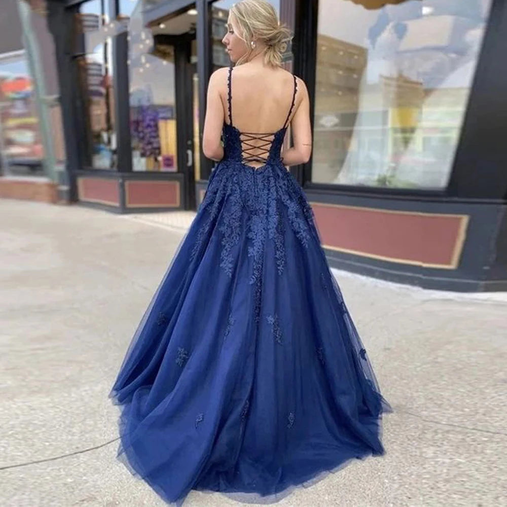 Homecoming Dresses: Navy Blue V-neck Prom Party Evening Dresses