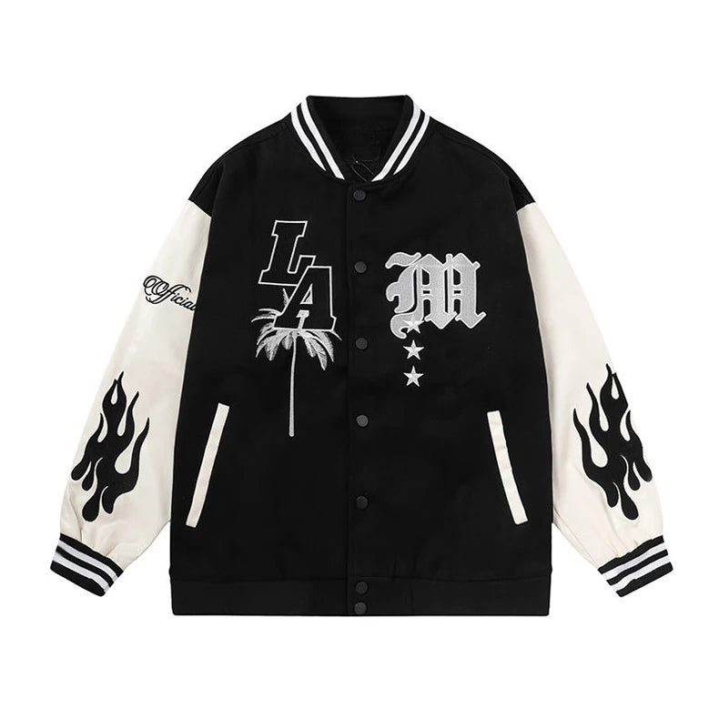 Letter Embroidery Men's Baseball Jacket Y2k Flame Leather Varsity Jacket Windbreaker