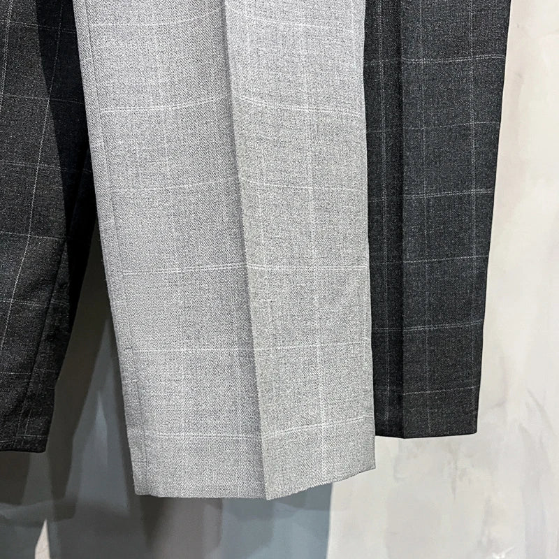 Plaid Suit Pants Men Summer Thin Casual Trousers  Ankle Length Business Formal Dress