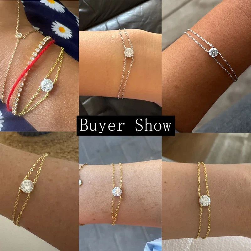 Lnngy 6.5mm 1ct Moissanite Bracelet 925 Sterling Silver Certified Double Chain Bracelets For Women Charm Wedding Jewelry Gift