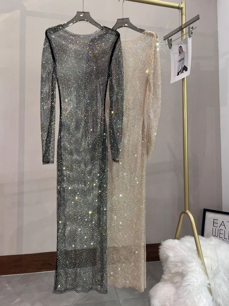 Evening wear Dresses: Women's Dresses Mesh See Through Nightclub Spice Rhinestone