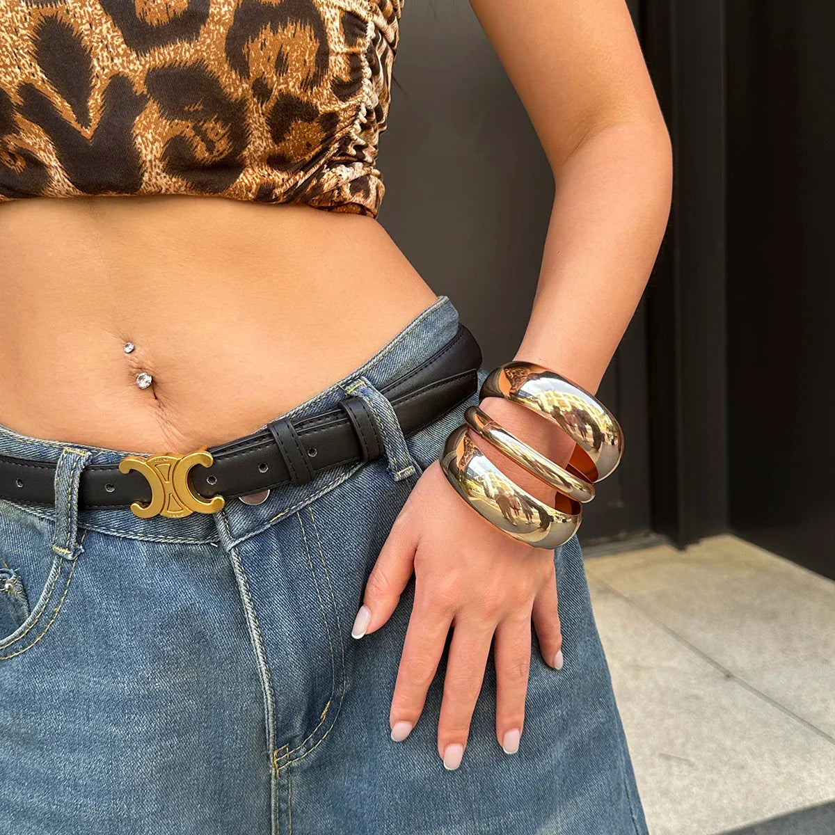 KunJoe 3Pcs/Set Fashion Design Smooth Round Big Bangles for Women Punk Heavy Metal 6.5cm Wide Bracelets Gold Color Hand Jewelry