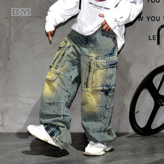 Denim Cargo Pants Mens Clothing Multi-Pocket Baggy Jeans Streetwear Hip Hop