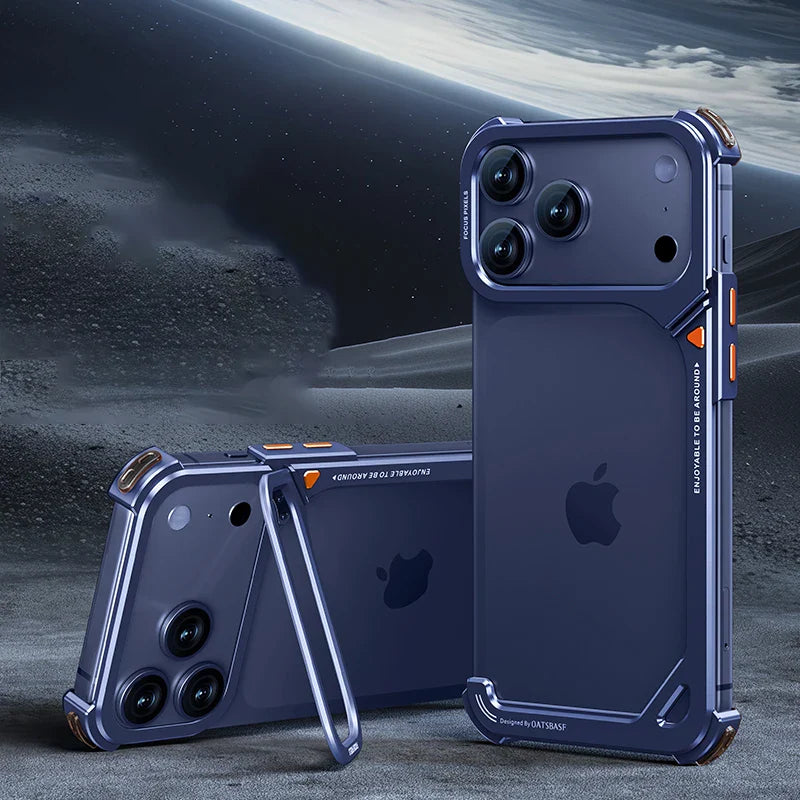 Eary 9-Shaped for iPhone 17 Pro Max 17 Pro Phone Case for Magsafe Wireless Charging With Lens Holder Stand Metal Frameless Shell