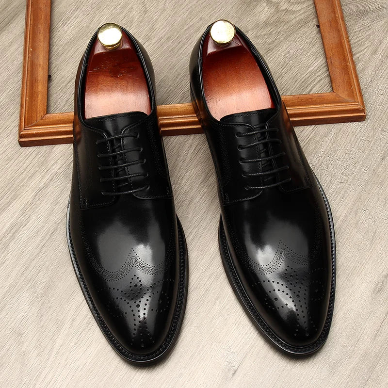 Spring/Autumn Men Luxury Black/Brown Genuine Leather Dress Wedding Pointed Toe Oxford Lace-Up Formal Male Office Shoes