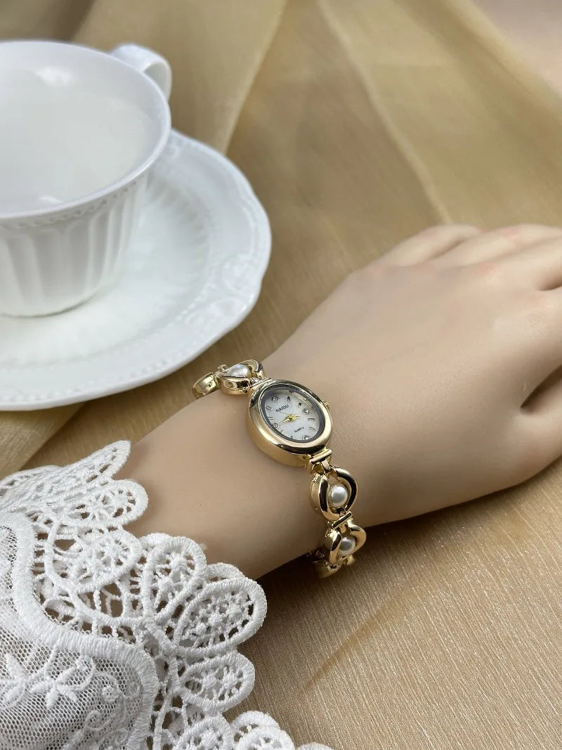 Luxury Pearl Inlaid Bracelet Watch Fashion Women Quartz Watch Brand Oval Dial Dress Wristwatches Dropshipping Relojes Para Mujer