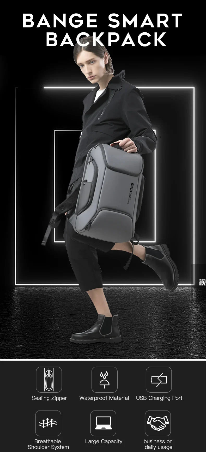 BANGE Business USB Charging Smart Backpacks Fits 15.6 Inch Laptop Commute Backpack WaterProof Carry On Bag for Men Travel Bags