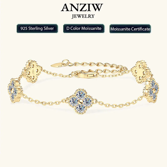Anizw 2025 New 925 Silver Flower Clover Bracelet Moissanite 3mm for Women 18k Gold Plated Fine Jewelry Certified Lab Diamond D-E
