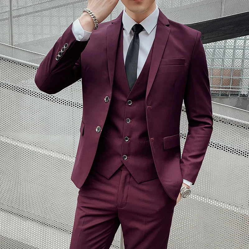 High-quality Men's Solid Color Suit (suit + Vest + Trousers) The New Fashion and Handsome Banquet Smart Casual 3/2 Piece Set