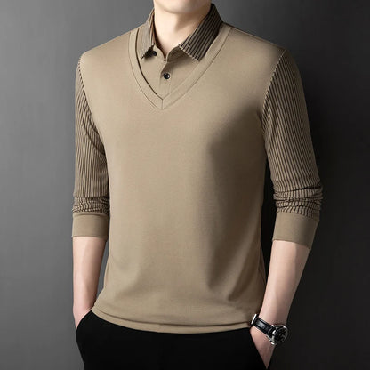 2025 New Men's Casual and Fashionable Long Sleeved Solid Color Fake Two-piece Polo Shirt Business All Season Versatile Top