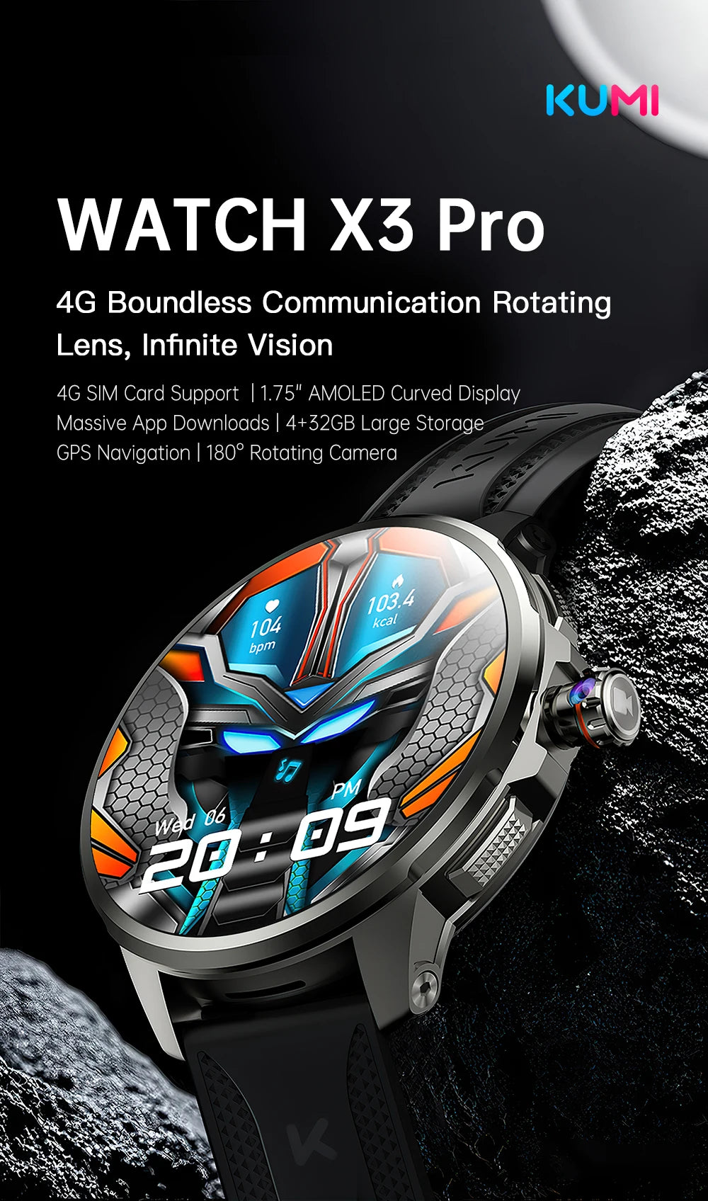 KUMI Watch X3 Pro Android 4G WiFi Smartwatch, 1.75" AMOLED, GPS, 200MP Camera, 32GB, Waterproof, Fitness Tracking Smart Watch