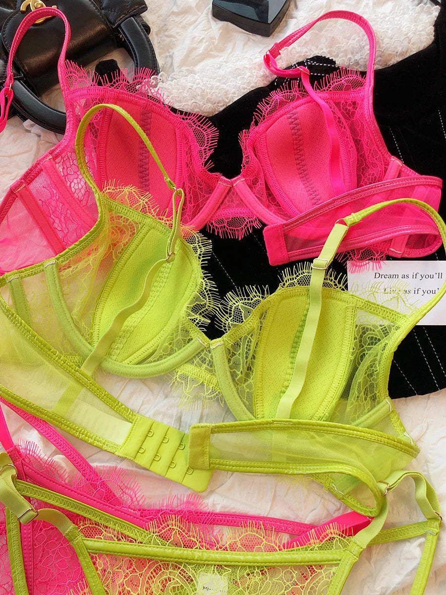Summer Color Lace Underwear Set Thin Cup Breathable Bras Women Hollow