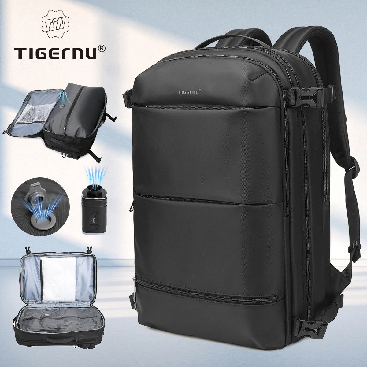 Tigernu Vacuum Compression Backpacks Men Travel Backpack Expandable USB Bag Large Capacity 17 Laptop Bags For Schoo Cabin Bags