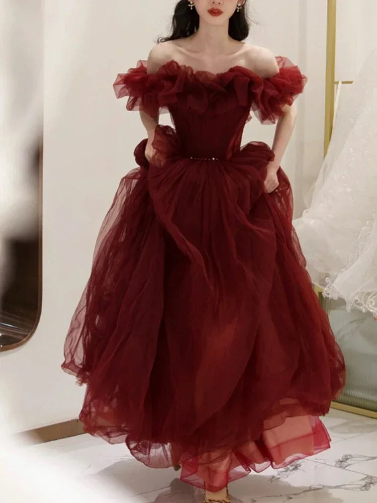 Evening wear Dresses: Fairy Red Boat Neck Evening Dresses Elegant Slim Waist