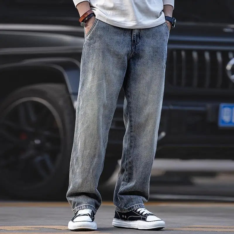 Trousers Straight Man Cowboy Pants with Pockets Men's Jeans Wide Leg Plus Size