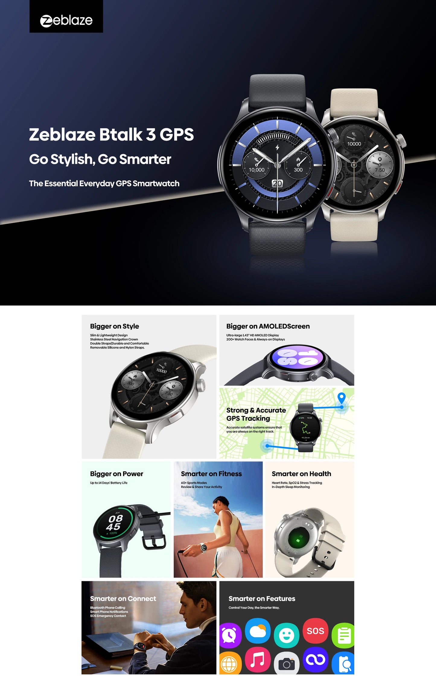 New Zeblaze Btalk 3 GPS Smartwatch 1.43" AMOLED Screen Dual Strap Bluetooth Calling Sports Watch Heart Rate SpO2 Stress Tracking