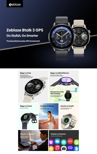 New Zeblaze Btalk 3 GPS Smartwatch 1.43" AMOLED Screen Dual Strap Bluetooth Calling Sports Watch Heart Rate SpO2 Stress Tracking