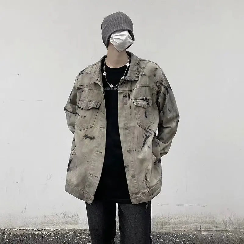 Men Gray Tie-dye Denim Jackets Coats Loose Vintage Jeans Jackets