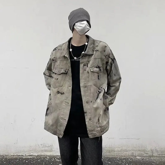 Men Gray Tie-dye Denim Jackets Coats Loose Vintage Jeans Jackets
